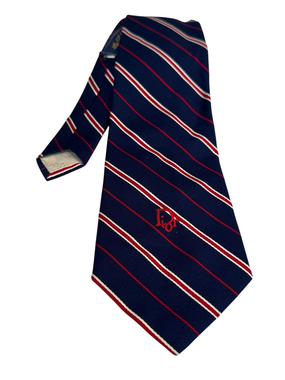 Christian Dior Mens Vintage Silk Blend Tie  Blue White Red Striped Logo